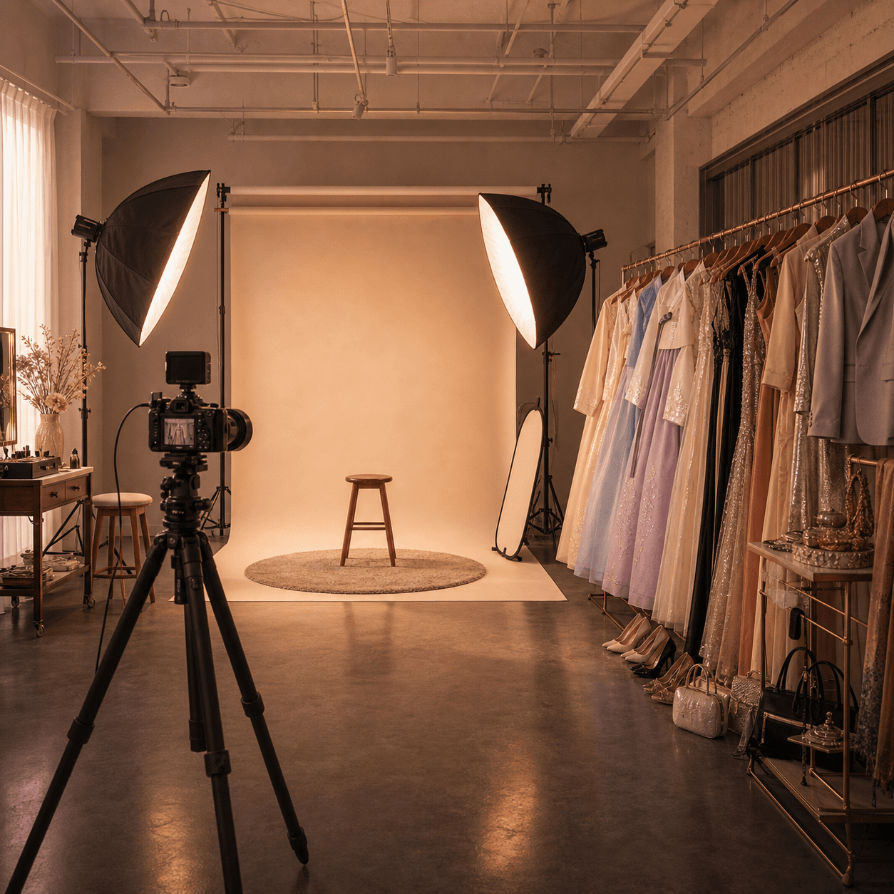 A Korean photo studio set with camera, softbox, and hanbok on a rack