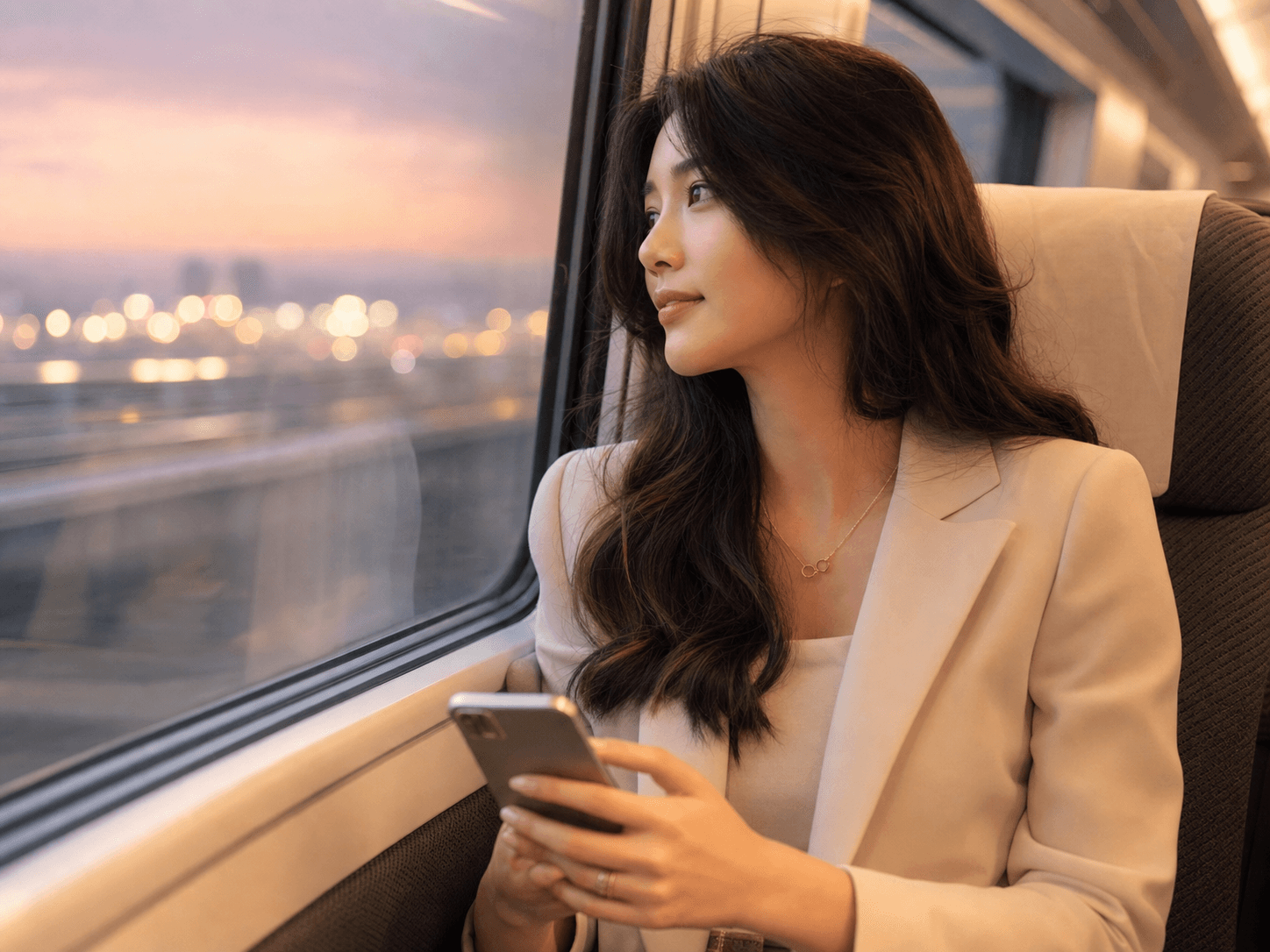 Lina on a bullet train at dusk, phone in hand